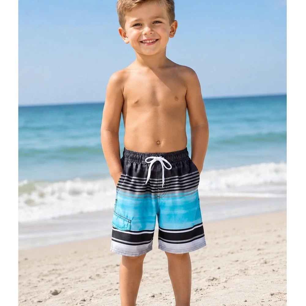 Kanu Surf Boys Avalon Striped Board Shorts Swim Black Aqua Blue Size Small 4 NWT